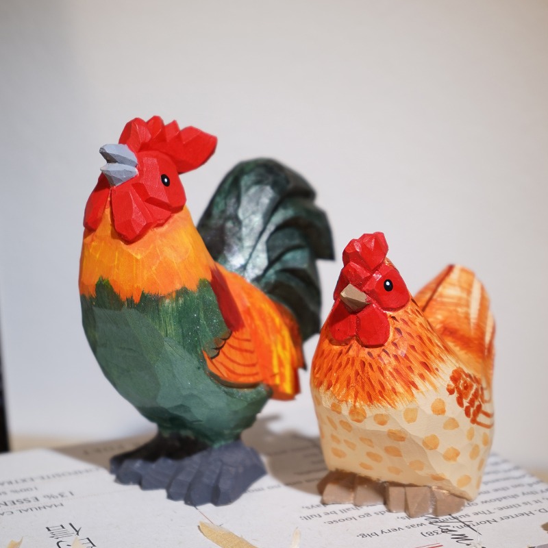 Home Office Freelancer - Bauernhof, Hahn und Henne, handgefertigte Holzskulptur,