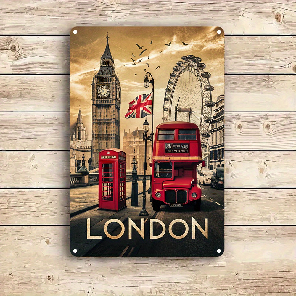 Home Office Icon - Vintage London Aluminium-Wandkunst-Schild – ikonischer Doppeldecker-Bus,
