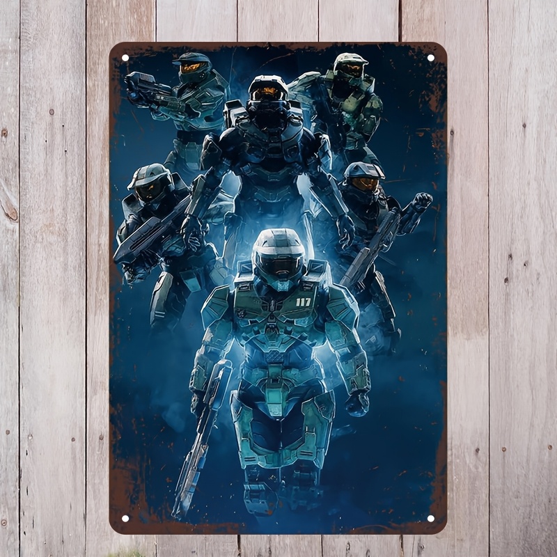 Home Office Inspiration - Halo-inspiriertes Metall-Wandkunst-Schild, Lebhaftes Master Chief &
