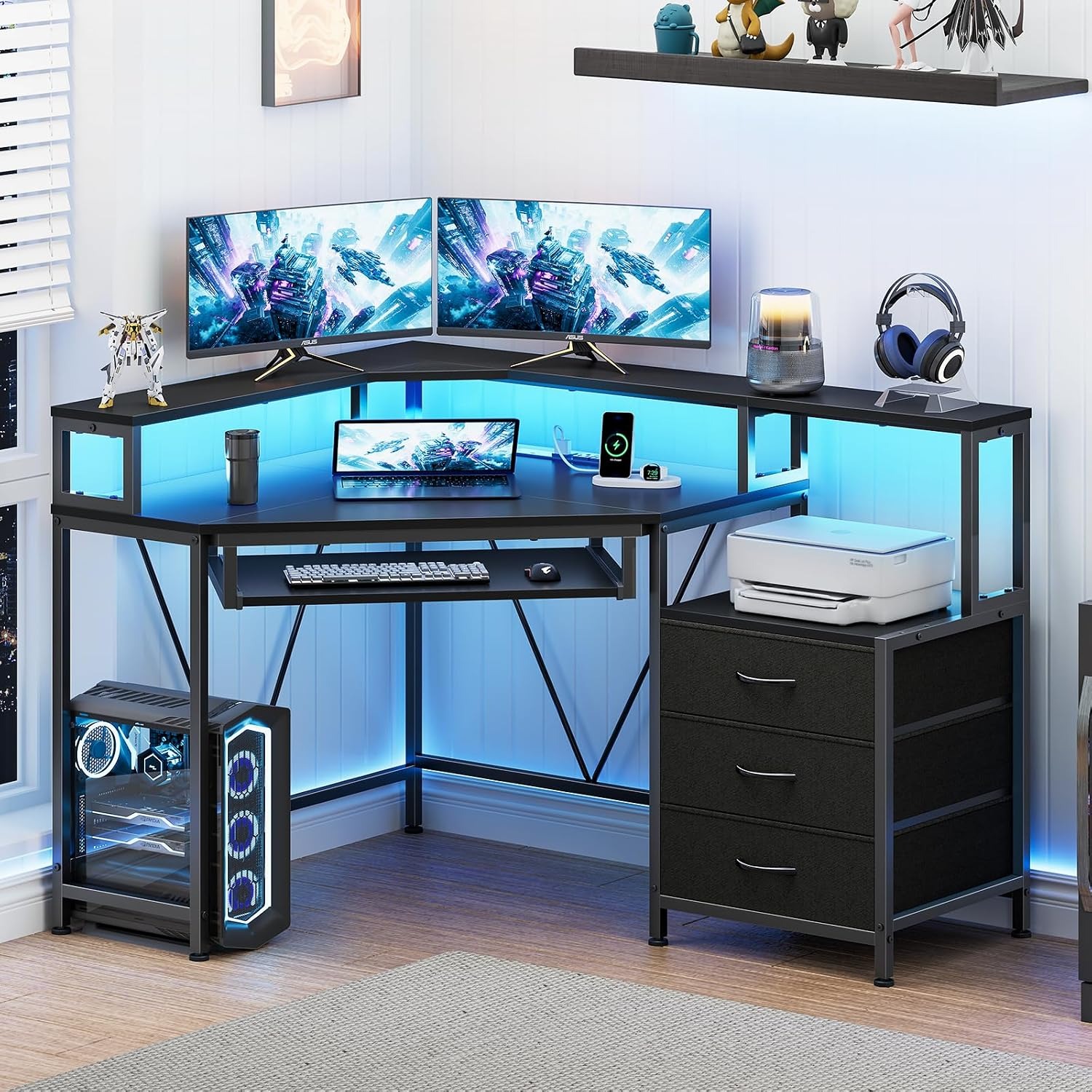 Desk Drawer Small - 47-Zoll-Eckschreibtisch mit Schubladen, Steckdosen und Druckerablage