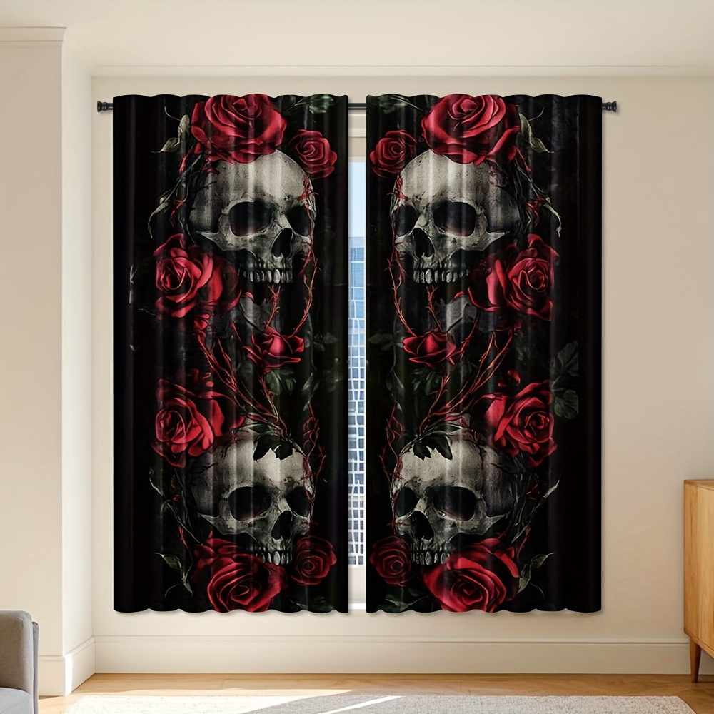Home Office Alternative - Gotische Totenkopf-Rosen-Vorhänge, Verdunkelungsvorhänge im Macabre-Punk-Stil, Alternative