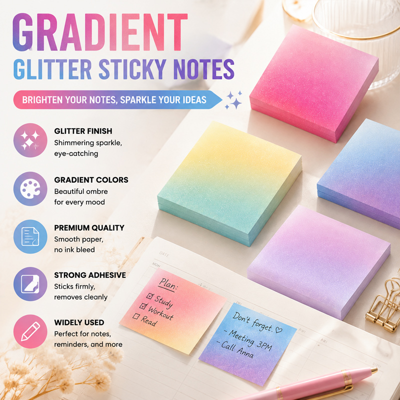 Sticky Note Dispenser - Glitzernder, halbtransparenter PET-Haftnotizblock mit vorgeklebten Blättern,
